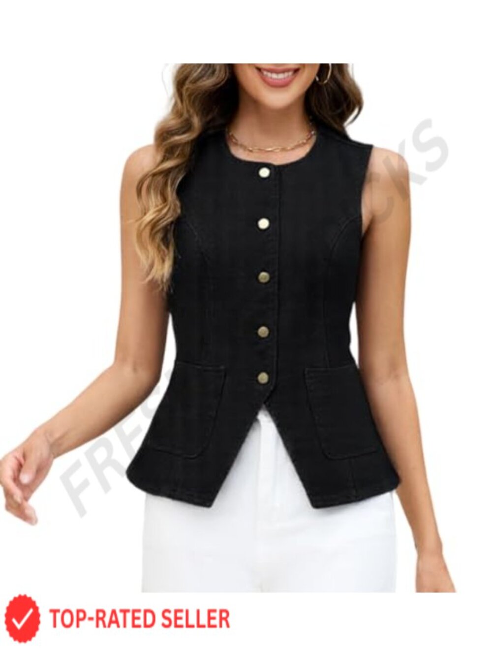 Sleeveless Denim Vest Top Button Down Cropped Jean Vest for Women